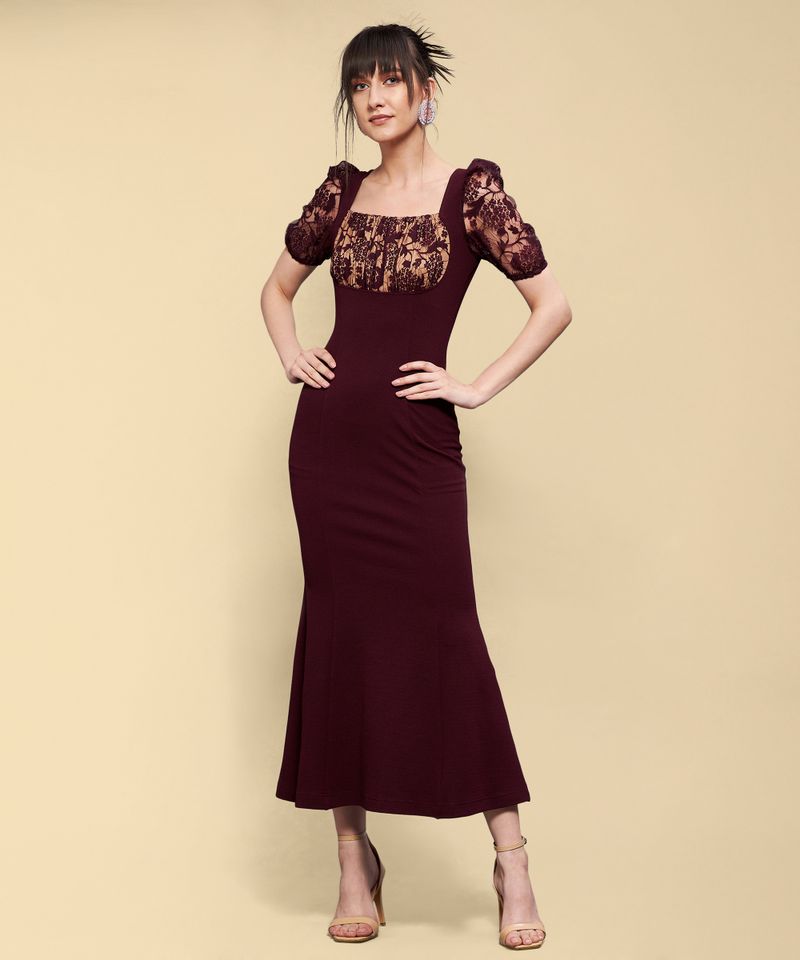 Miss Chase Women Bodycon Maroon Midi Dress - Image 5