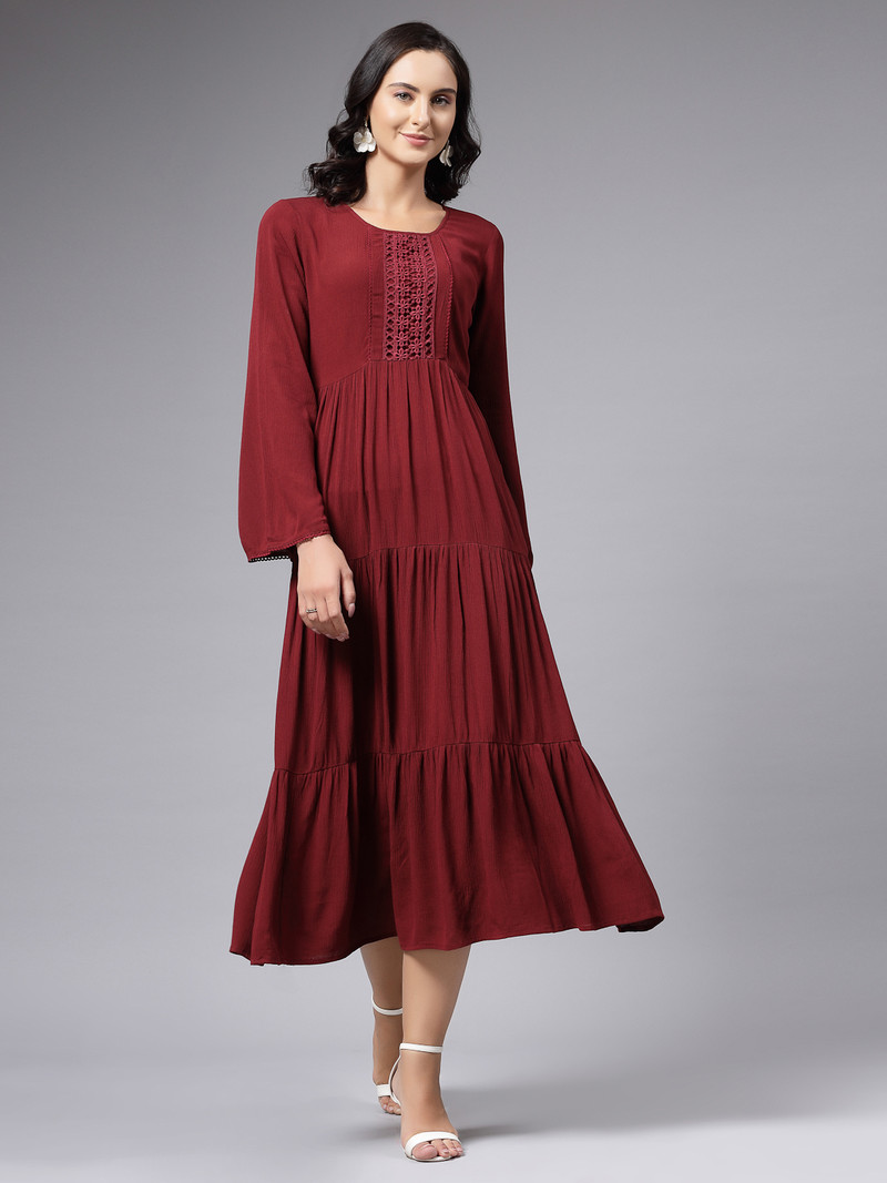 AAYU Women A-line Maroon Below Knee Dress