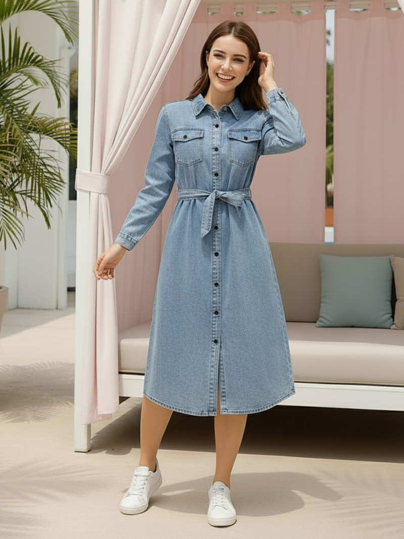 ADDYVERO Women A-line Light Blue Midi Dress