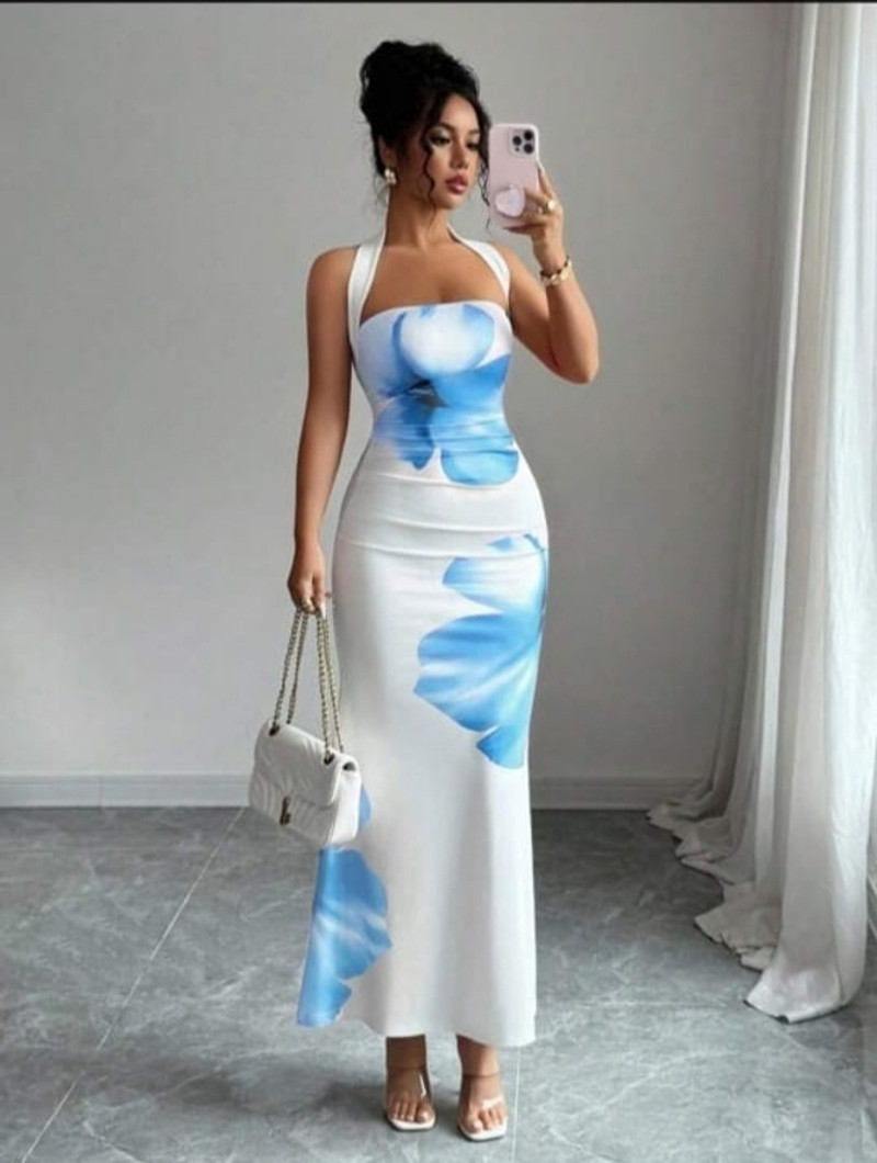 KHATUSYAMJI Women Fit and Flare White, Blue Maxi/Full Length Dress view 5