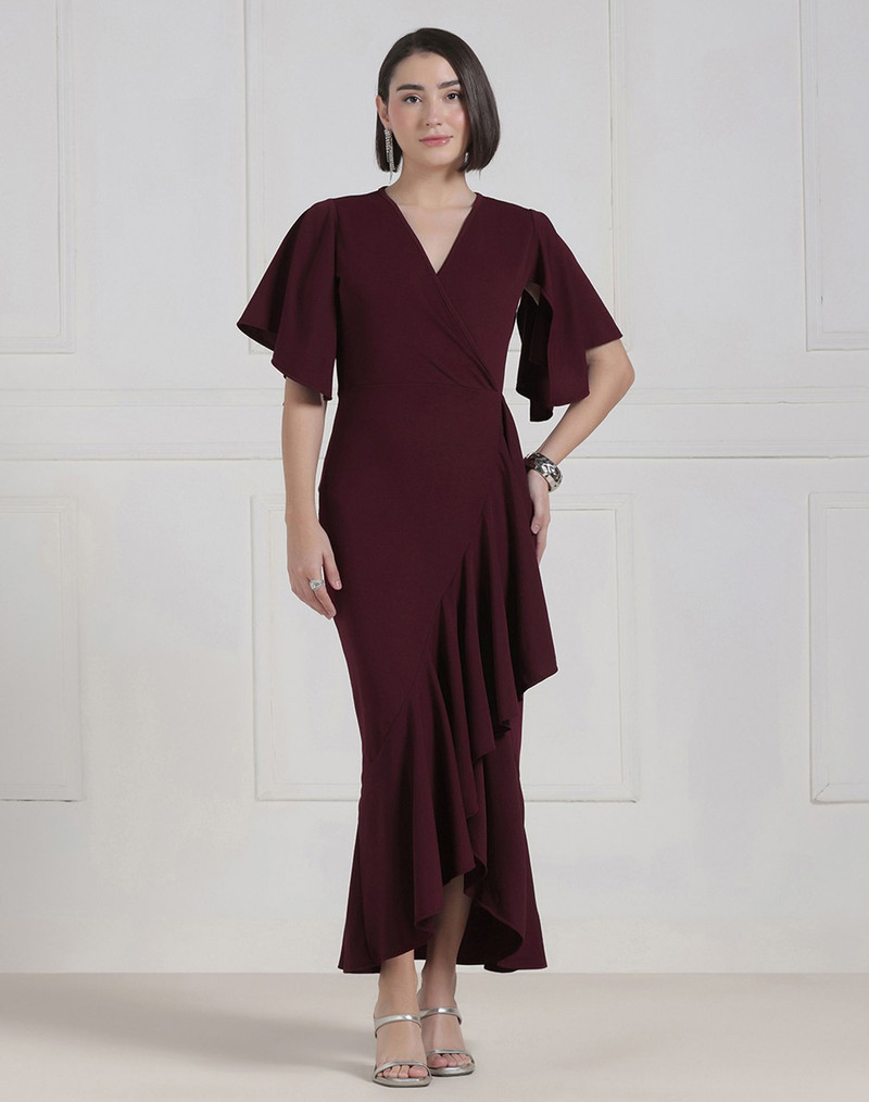Selvia Asymmetric Maroon Midi Dress