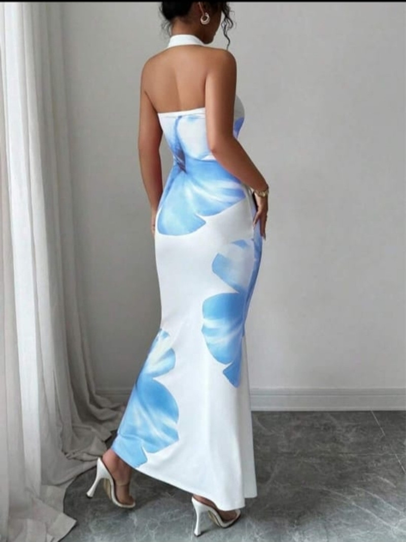 KHATUSYAMJI Women Fit and Flare White, Blue Maxi/Full Length Dress view 3