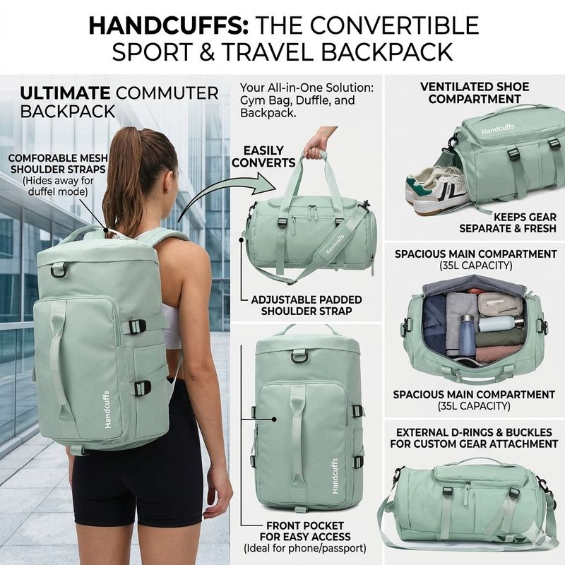 Excite Shoppers 60L 3-in-1 Gym Duffel Bag - Green - Image 6