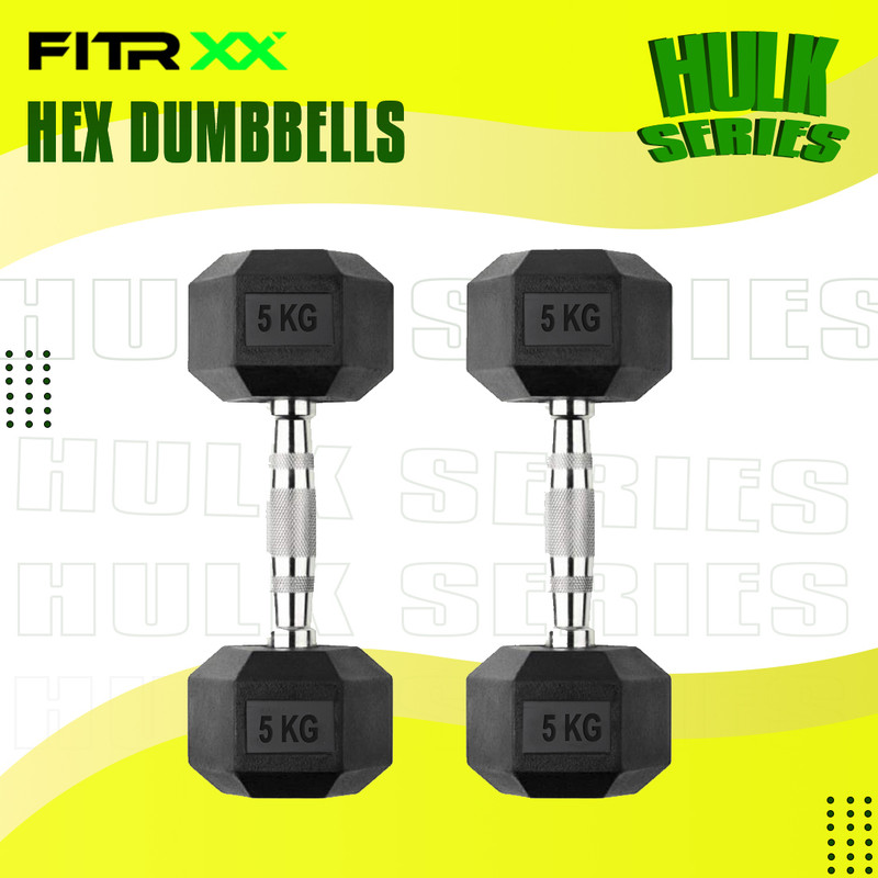 FITRXX Hex Rubber Coated Professional Exercise Gym Dumbbell Hulk Series 5 kg pair Fixed Weight Dumbbell 5 kg