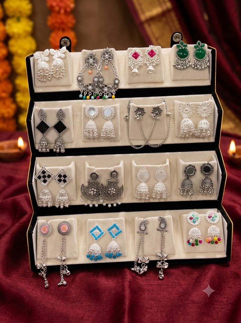Antico 16 Pair Jaipuri Silver Oxidised Jhumki Earrings - Image 2
