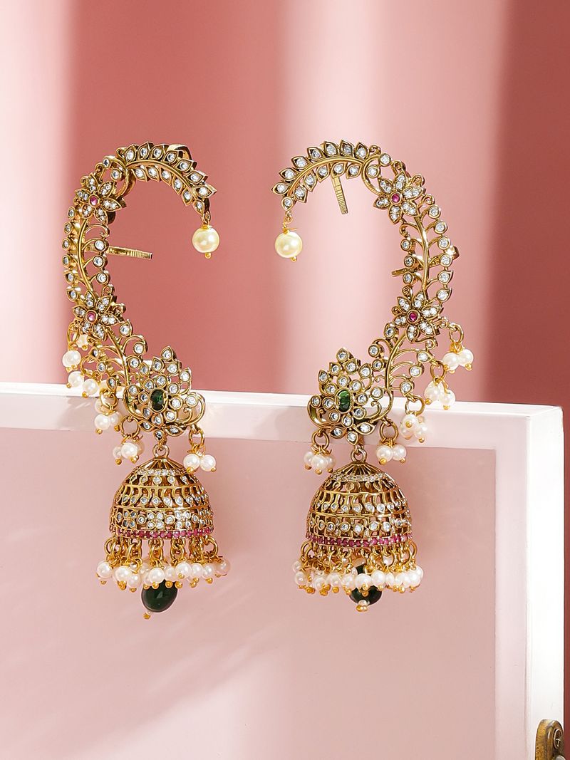 Rubans 22K Gold-Plated Ruby & Green Cubic Zirconia Ear Cuff - Image 3