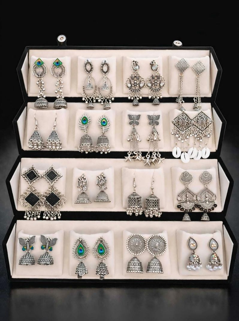 JV CREATION 16 Pair Oxidised Silver Earrings - Image 2