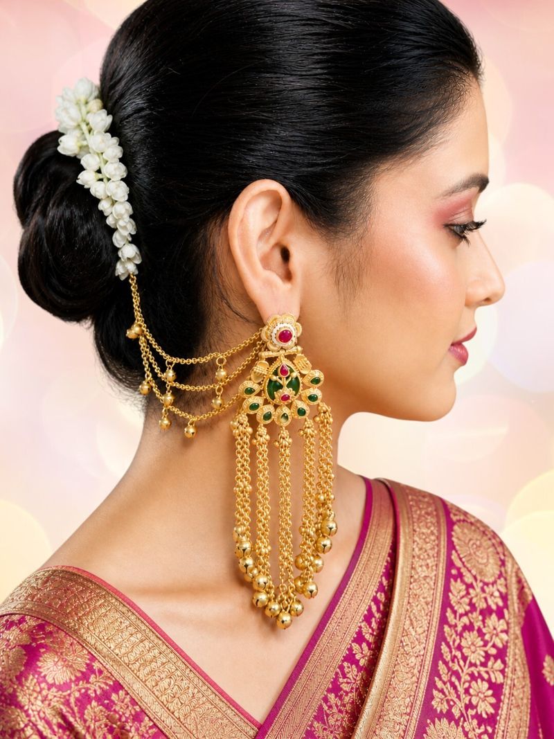 fabula Gold Heritage Kashmiri Drop Earrings with Hair Kaan Chain - Image 3