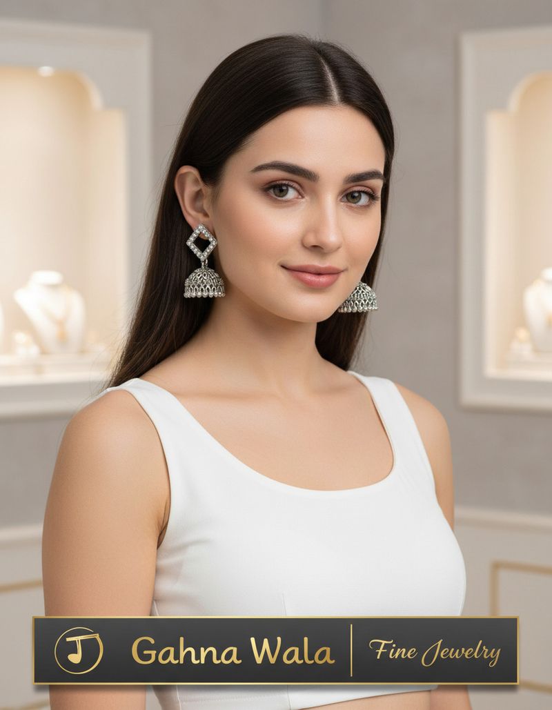 Gahna Wala G Oxidised Silver Jhumka Earrings Combo Set - Image 5