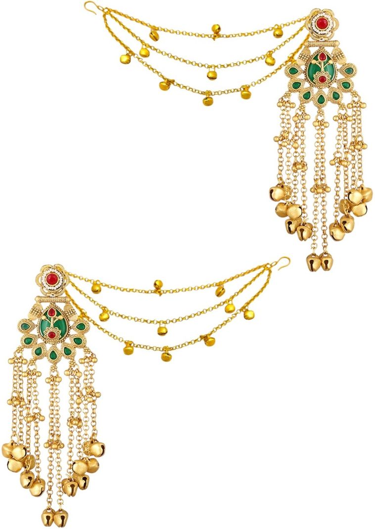 fabula Gold Heritage Kashmiri Drop Earrings with Hair Kaan Chain - Image 2