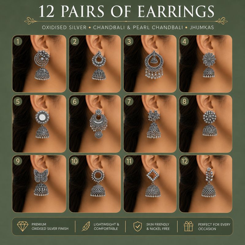 Gahna Wala G Oxidised Silver Jhumka Earrings Combo Set - Image 3