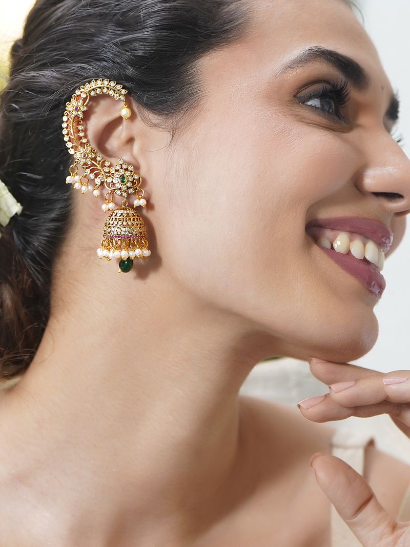 Rubans 22K Gold-Plated Ruby & Green Cubic Zirconia Ear Cuff - Image 5