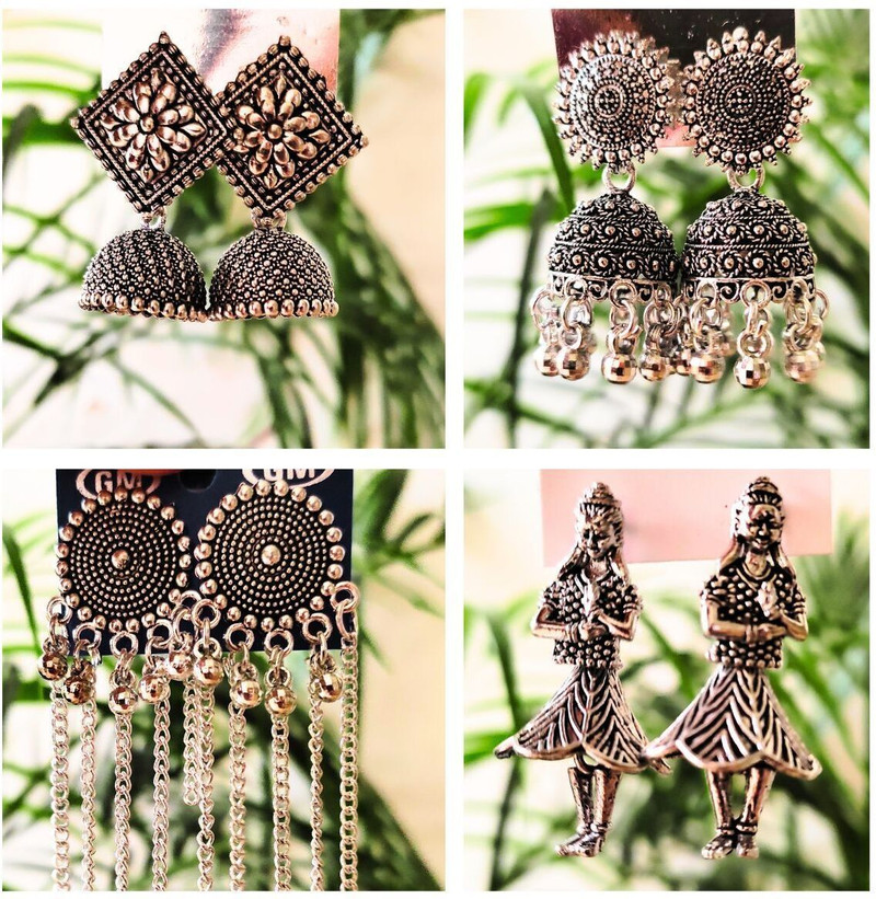 Desi Jhumka Combo of 4 Pair Latest Oxidised Silver Jhumki Earrings set Alloy Earring Set Alloy Jhumki Earring, Stud Earring