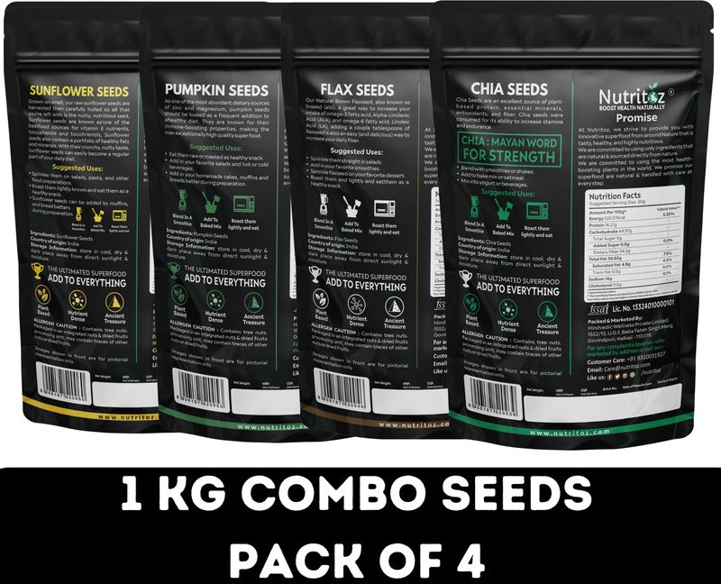 Nutritoz Premium Seeds 1 Kg, Edible & Mix Seeds Combo Pack Of 4 (Each 250g) Chia Seeds, Brown Flax Seeds, Pumpkin Seeds, Sunflower Seeds (4 x 250 g) - Image 4