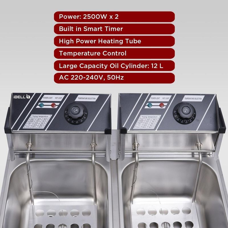 iBELL DF620M 12 Litre Stainless Steel 2500 Watt Deep Fryer, Double Tank, Temp Control, 12 L Electric Deep Fryer - Image 5