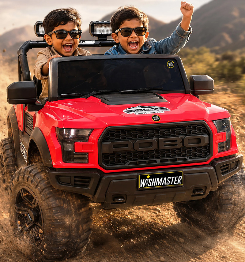 Wishmaster 4x4 Pobo Driving Car With Remote , Mobile App + Manual Drive Car | 2-8 Year Jeep Battery Operated Ride On (Red)