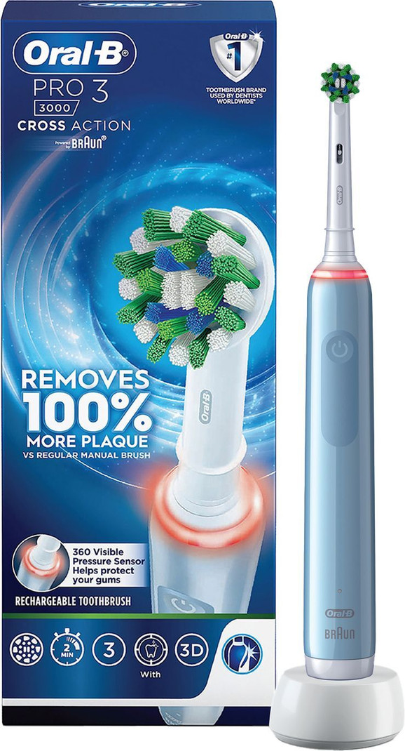 Oral-B Pro 3, 3 Brush Modes, 2 Min Timer, Pressure Sensor,Rechargeable Electric Toothbrush Light Blue