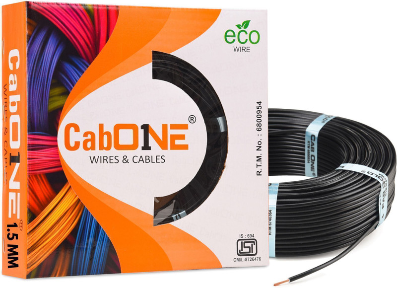 CabONE Lite 1.5 Sq mm Electrical Wire-90m Single Core | Fire Retardant PVC Insulation 1.5 sq/mm Black 300 ft. Wire Black