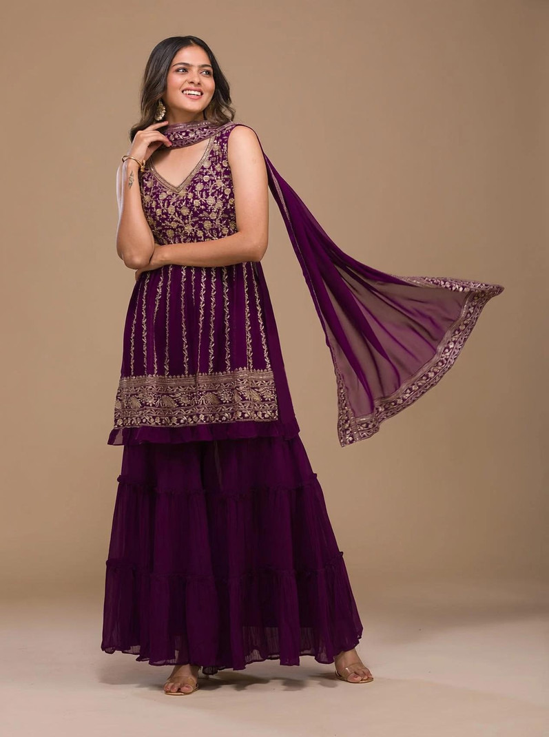 Women Georgette Kurta Sharara Dupatta Set