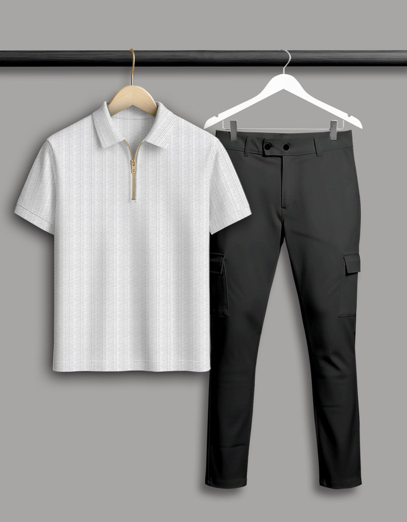 combraided pack of 2 men self design polo neck cotton blend white, black t-shirt