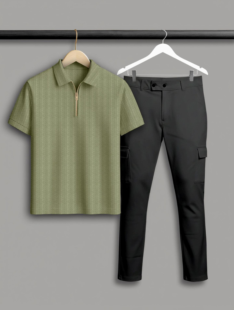 combraided pack of 2 men self design polo neck cotton blend light green, black t-shirt