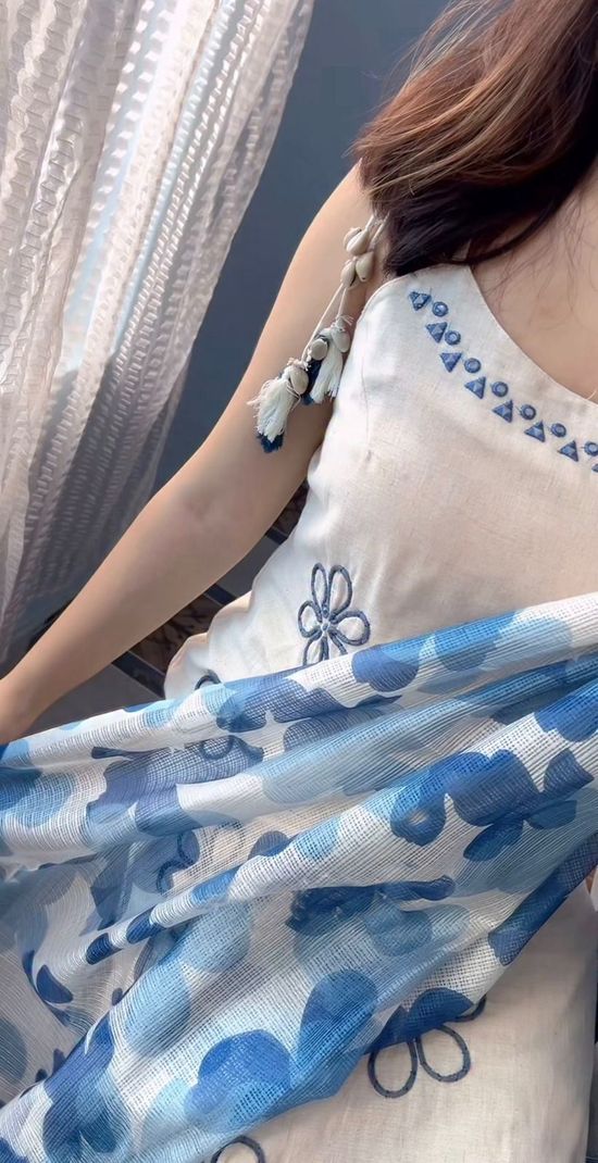 richasia Womenâs Cream & Blue Floral Embroidered Straight Kurta with Dupatta Set Embroidered Kurta, Trouser/Pant & Dupatta Set - Image 5
