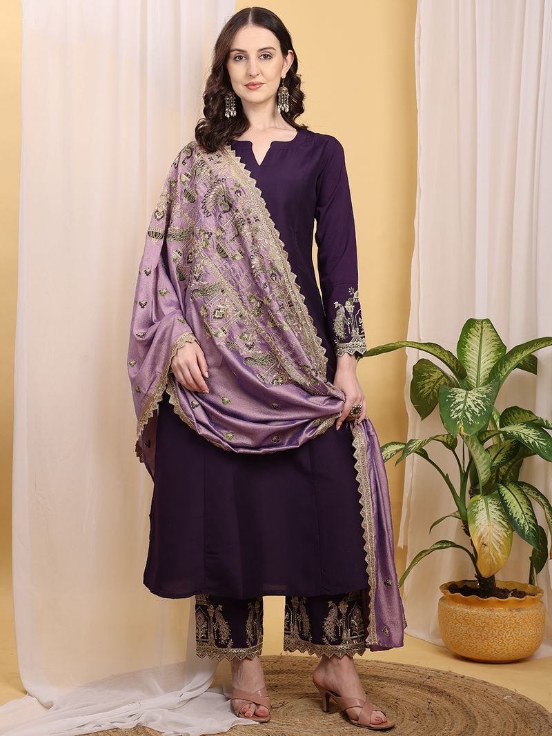Mamatva Women Silk Blend Kurta Palazzo Dupatta Set - Image 2