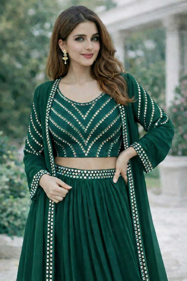 CHITT FASHION Women Georgette Crop Top Skirt Ethnic Jacket Set view 1