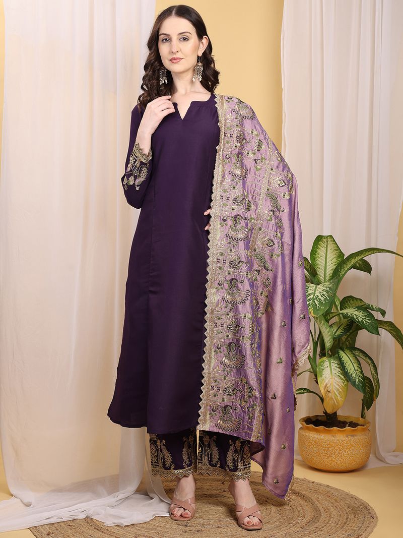 Mamatva Women Silk Blend Kurta Palazzo Dupatta Set - Image 4