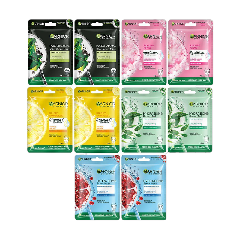 GARNIER Sheet Mask Pack Of 10 (Vit C +Sakura+Charcoal+Hydra+Green Tea) PO10 280 g