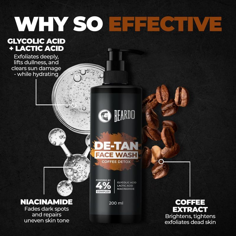BEARDO De-Tan Glycolic & Lactic Acid Face Wash 200ml - Image 6