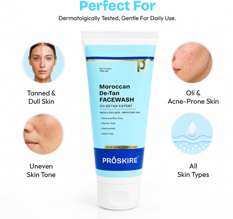 Proskire Moroccan De-Tan with Blue Clay for Tan Removal, Brighten Skin & Glow Face Wash (100 ml) - Image 6
