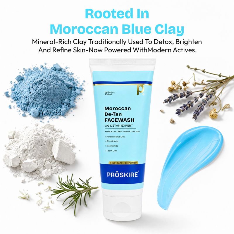 Proskire Moroccan De-Tan with Blue Clay for Tan Removal, Brighten Skin & Glow Face Wash (100 ml) - Image 4