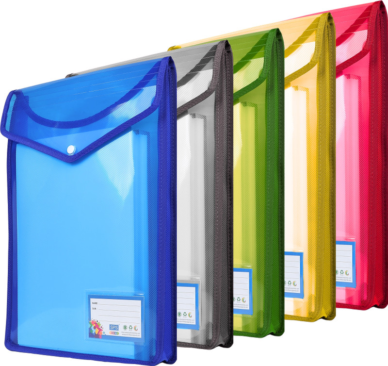 Skrill Plastic A4/Foolscap Documents File Storage Bag with Snap Button Vertical File Folder, Transparent Poly-Plastic Set Of 5, Assorted
