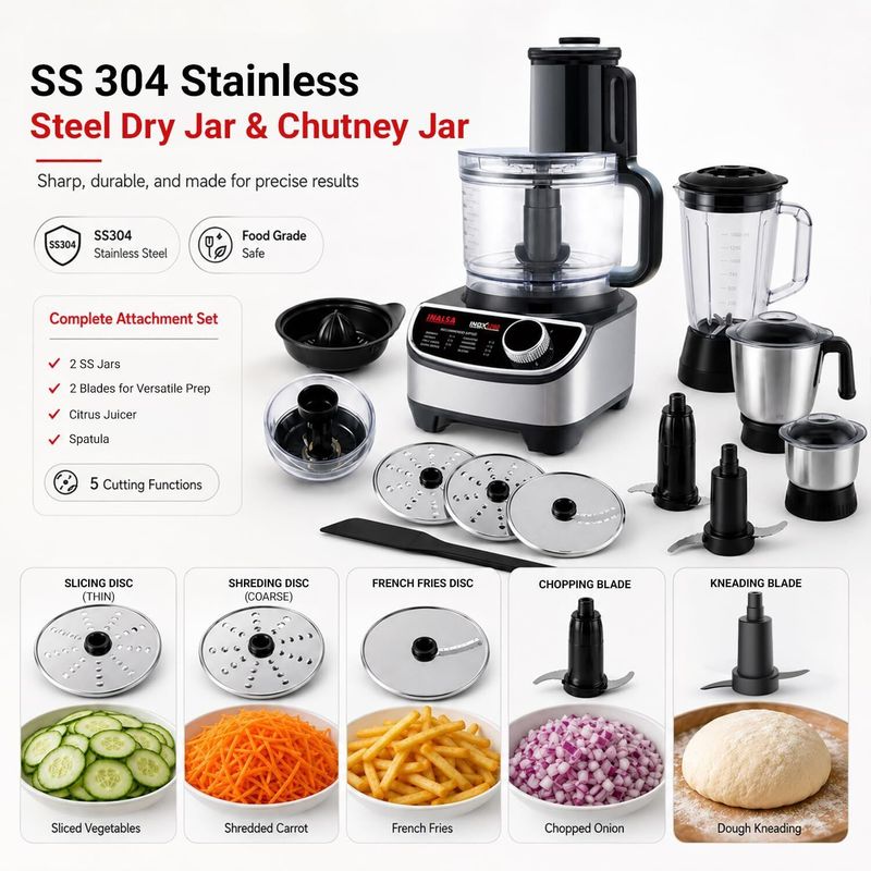 Inalsa FP INOX1200 1000W Food Processor, 3 Jars, Silver - Image 6