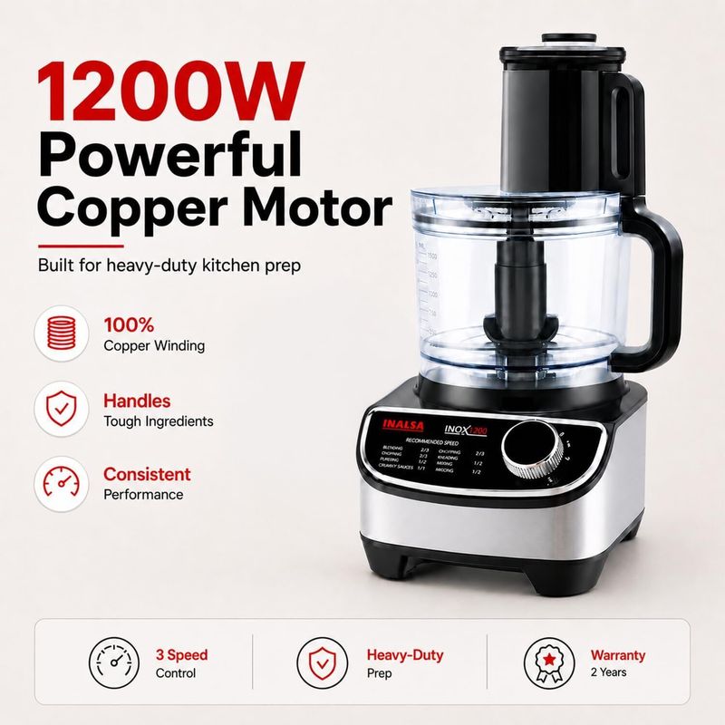 Inalsa FP INOX1200 1000W Food Processor, 3 Jars, Silver - Image 3