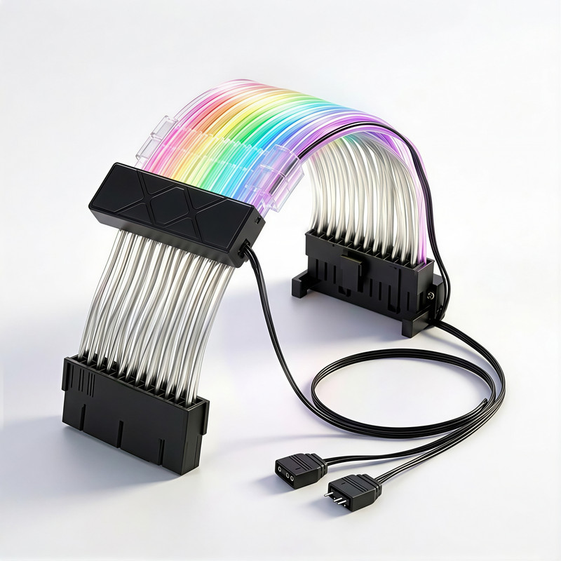 ELEPHANTBOAT RGB 24 Pin Motherboard Power Extension Cable with Sleeved Design Lighting Gaming Adapter Black, For PC