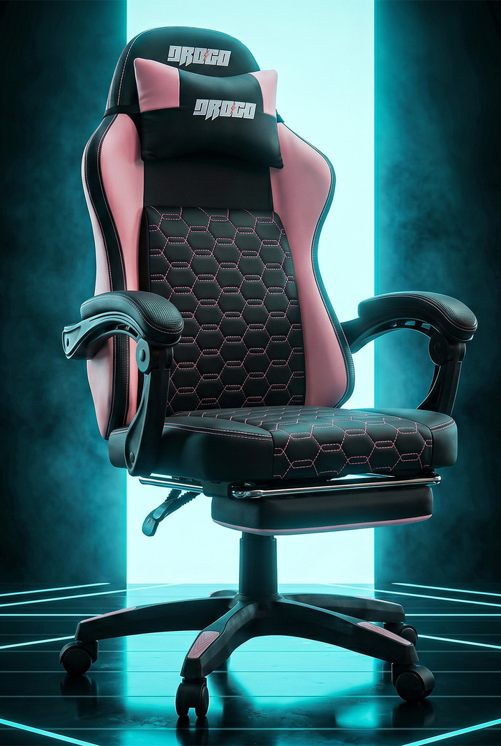 Drogo Pulse Ergonomic Gaming Chair, PU Leather, Lumbar Support, Recliner & Footrest Gaming Chair Pink