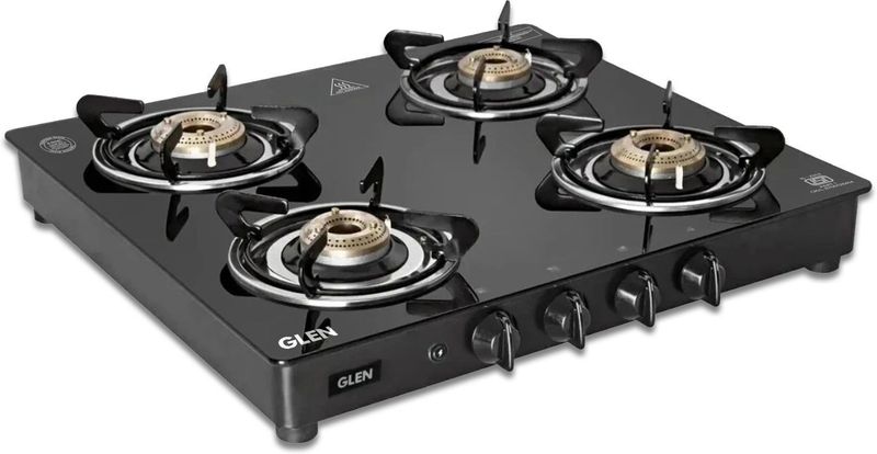 Glen Crystal LPG Gas Stove 4 Burner | 360 Revolving Nozzle|Glass top|2 Year Warranty Glass Automatic Gas Stove (4 Burners)