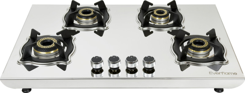 Everflame Marvel 4 Burner Gas Stove | 2mm Heavy Body | 6G Burners | Italian SABAF Valve | Stainless Steel Manual Gas Stove 4 Burners