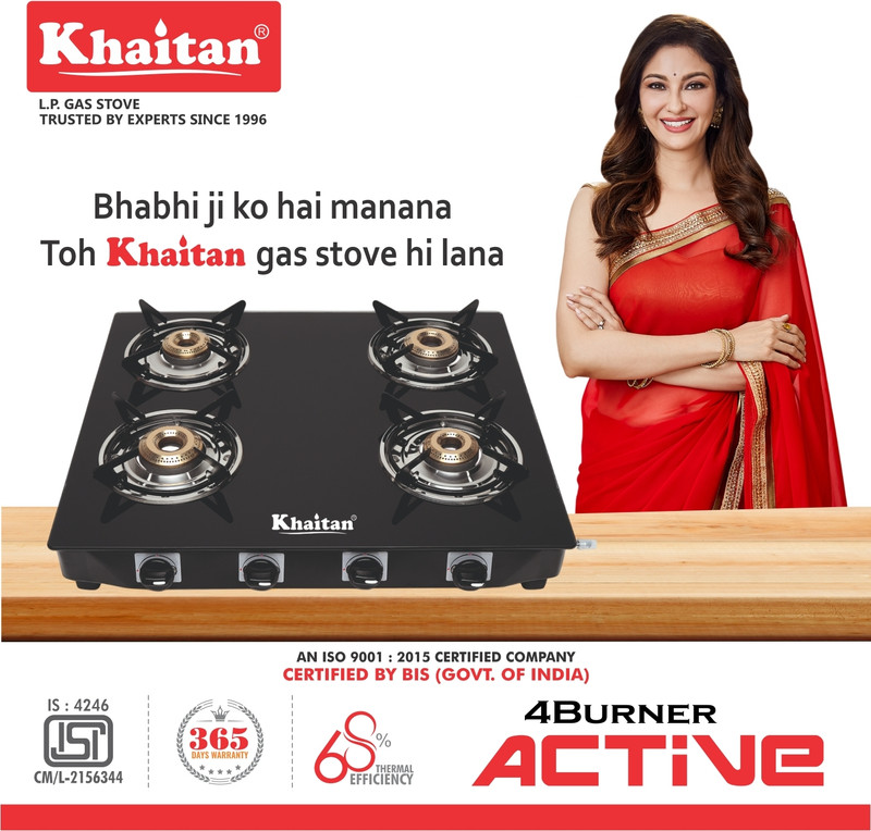 Khaitan 4 Burner Active Forged Black Toughened Glass Manual Gas Stove 4 Burners