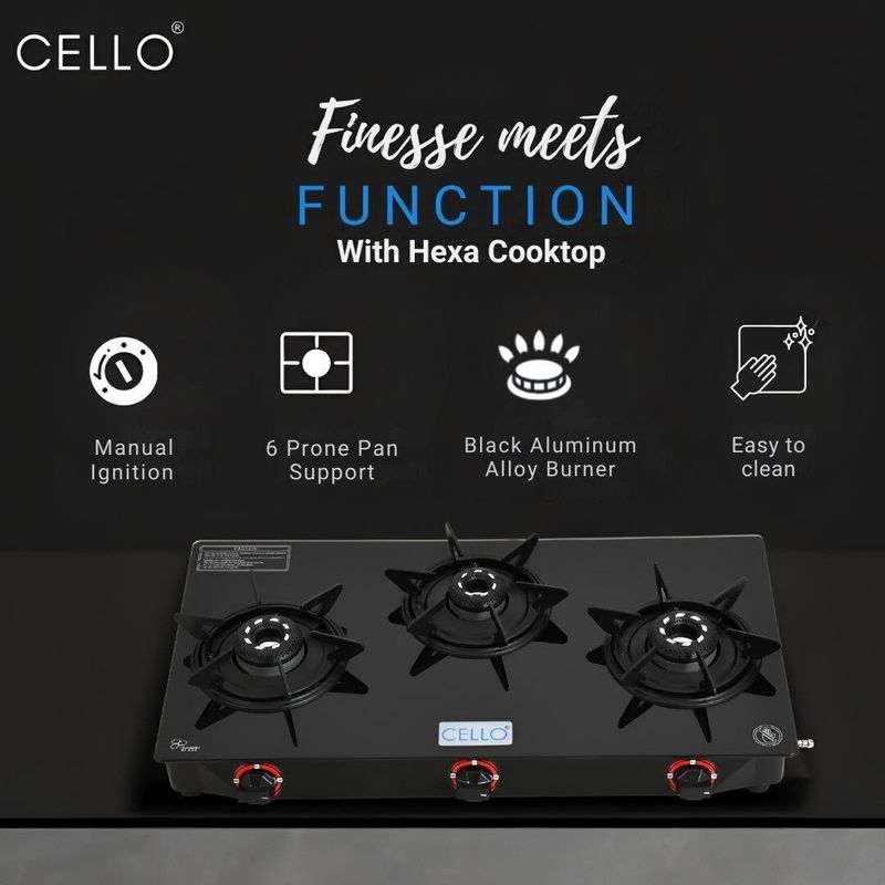 CELLO Hexa Manual Ignition Black Aluminium Alloy Burner Toughened Glass Glass Manual Gas Stove (3 Burners) - Image 7