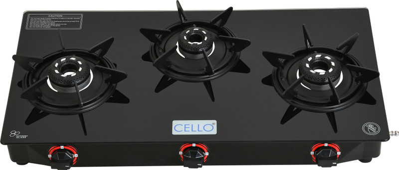CELLO Hexa Automatic Ignition Black Aluminium Alloy Burner Toughened Glass Iron Automatic Gas Stove 3 Burners