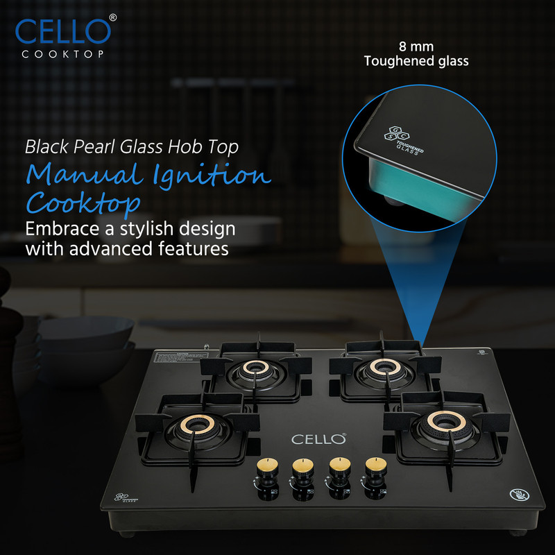 CELLO Black Pearl Glass Hob Top Cooktop Manual Ignition, 1 Year Warranty Glass Manual Hob 4 Burners