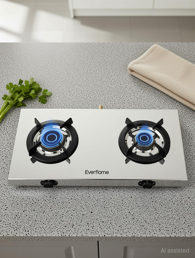 Everflame Photon 2 Burner AI Ultra Slim Gas Stove SS Body Forged Burners Manual Gas Stove Stainless Steel Manual Gas Stove (2 Burners)