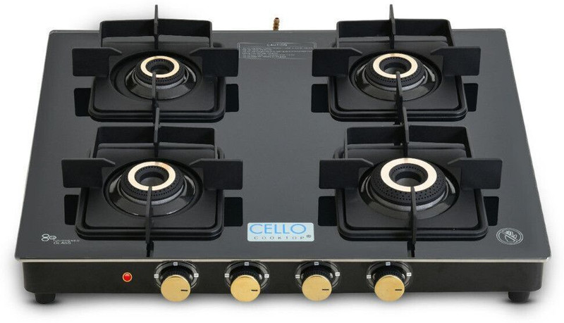CELLO Black Pearl 4 Burner Toughened Glass Top Gas Stove, Brass Burners, Black Finish Glass Automatic Gas Stove 4 Burners