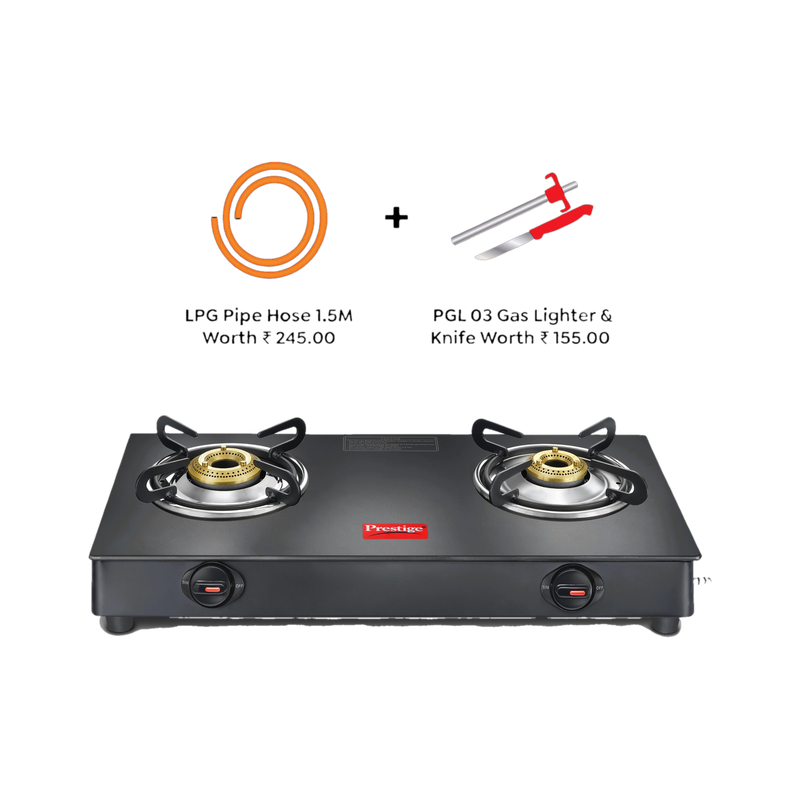 Prestige Atlas Plus Toughened Glass top with Lighter Knife and Hose Pipe Glass Manual Gas Stove 2 Burners