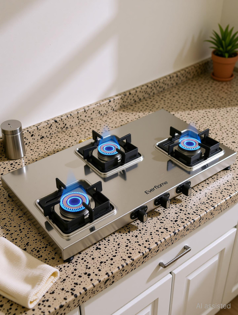 Everflame Prime 3 Burner Gas Stove | ISI Certified | 1.2mm Thick Body | 2 Years Warranty Stainless Steel Manual Gas Stove 3 Burners