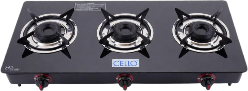 CELLO Crowne 3 Burner Black Gas Cooktop,Toughened Glass, ISI Certified 1 Year Warranty Glass Manual Gas Stove