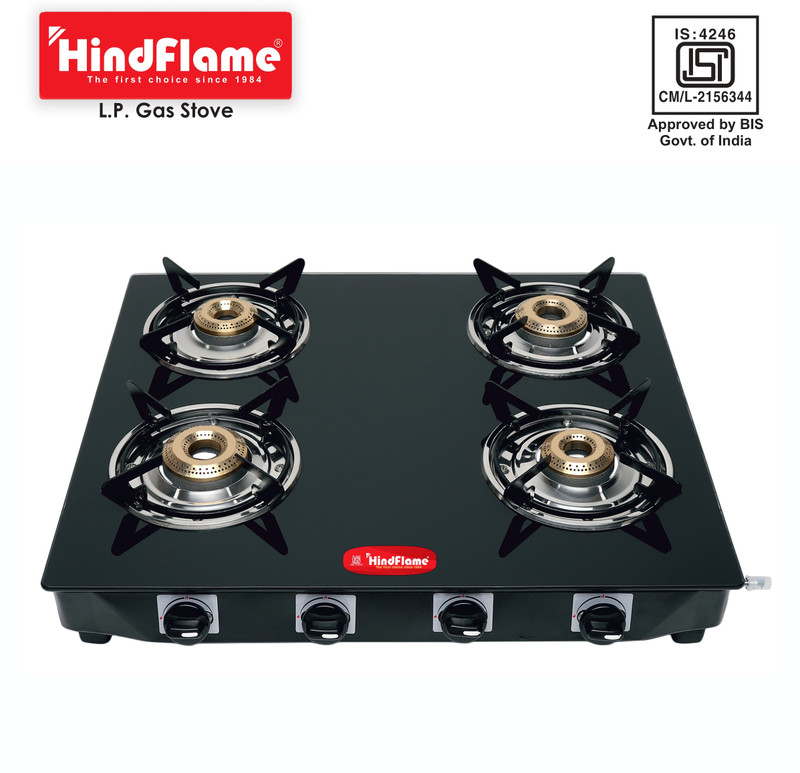 Hindflame 4 Burner Pixel BP Black Toughened Glass Manual Gas Stove 4 Burners